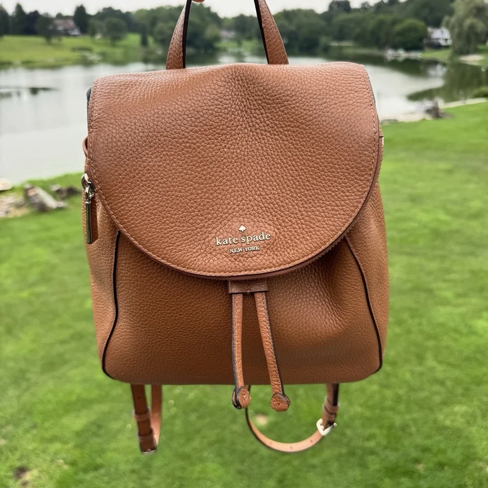 Kate Spade New York Brown Pebbled Drawstring Backpack ~ Pouch Zip Pocket